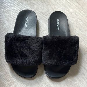 Black fuzzy slides